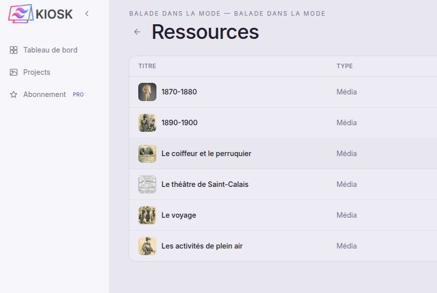Interface Borne - Liste d'exposition